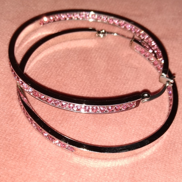 Pink Rhinestone Silver Hoop Earrings Crystal Channel Hoops Sparkling Rhinestones - Picture 12 of 14
